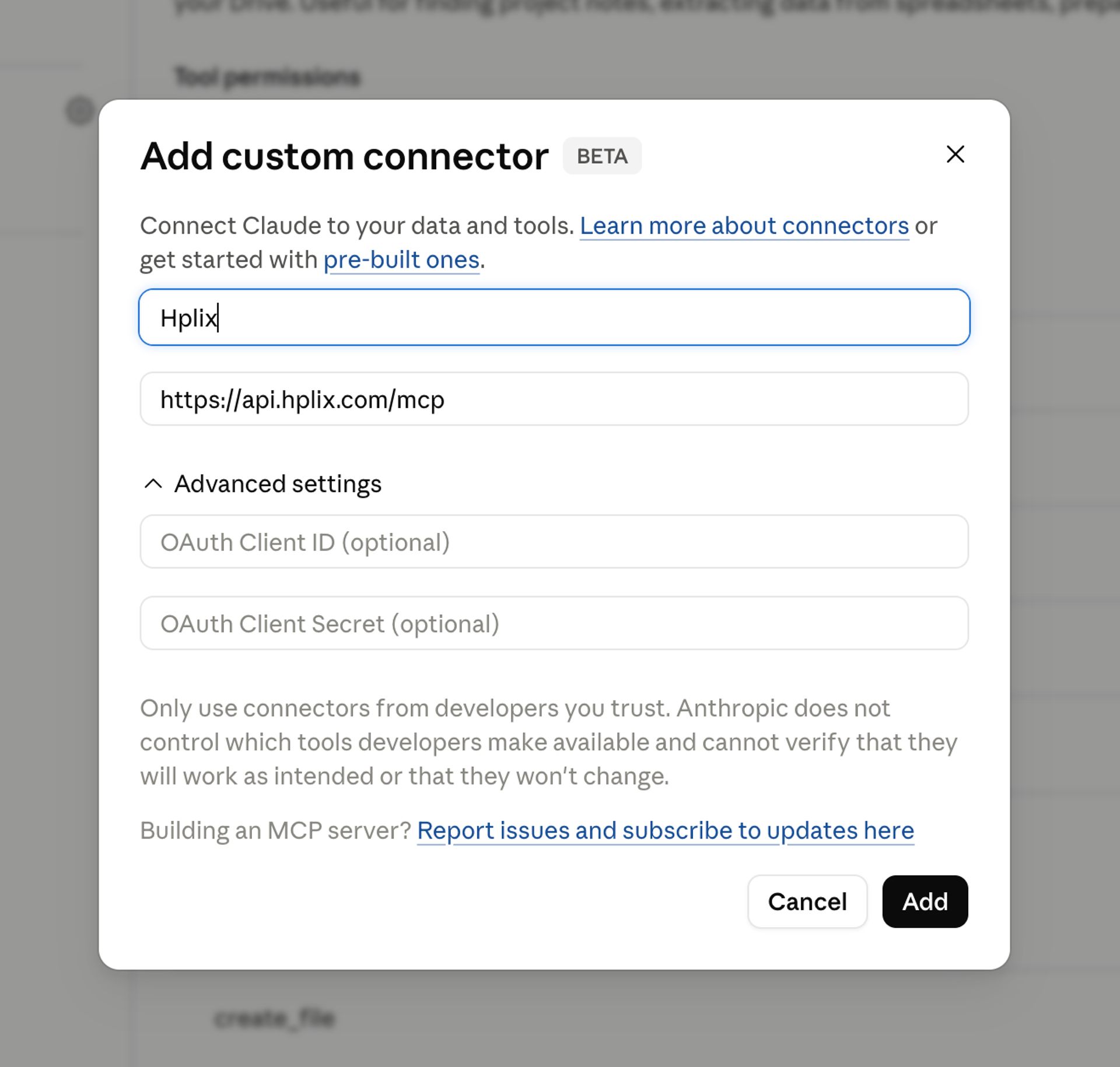 Enter Hplix as a custom connector